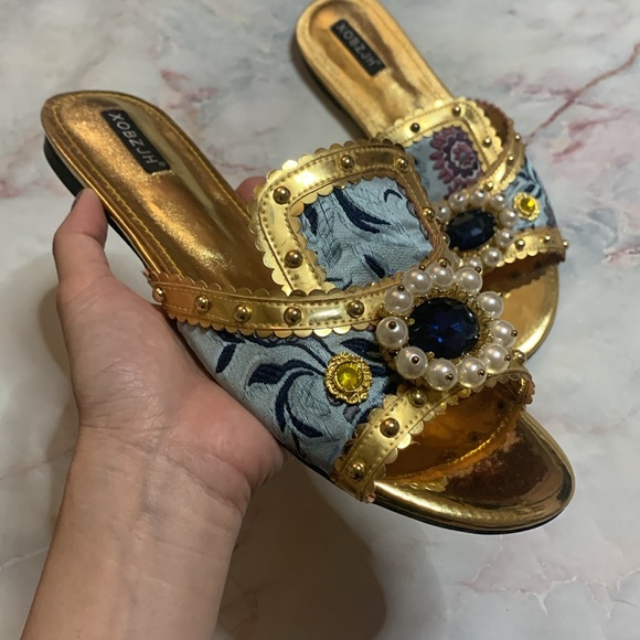 XOBZJH Evening Slides Rhinestone Sandal gold party shoes embroidery shoes 9.5 - Picture 3 of 13